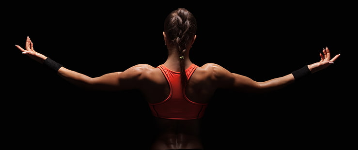 дамски червен кроп топ, жена, гръб, тренировка, фитнес момиче, HD тапет HD wallpaper