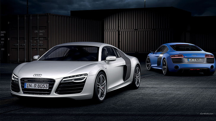 silver Audi coupe, Audi R8, Audi, car, blue cars, silver cars, vehicle, HD wallpaper