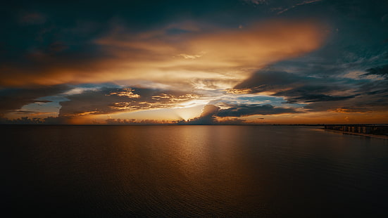 horizon, sea, seascape, sunset, afterglow, calm, dusk, evening, HD wallpaper HD wallpaper
