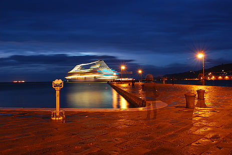 white ship on ocean during nighttime, white ship, ocean, nighttime, motion, movement, mosso, trieste, molo, ghost  ship, boat, light, lights, luci, people, clouds, creative commons, long exposure, cruise, orizzonte, ma, fate, finta, di, niente, nave, fantasma, scie, friuli venezia giulia, mare, sea, artificial, notte, farewell, stream, night, dusk, architecture, sunset, harbor, famous Place, HD wallpaper HD wallpaper