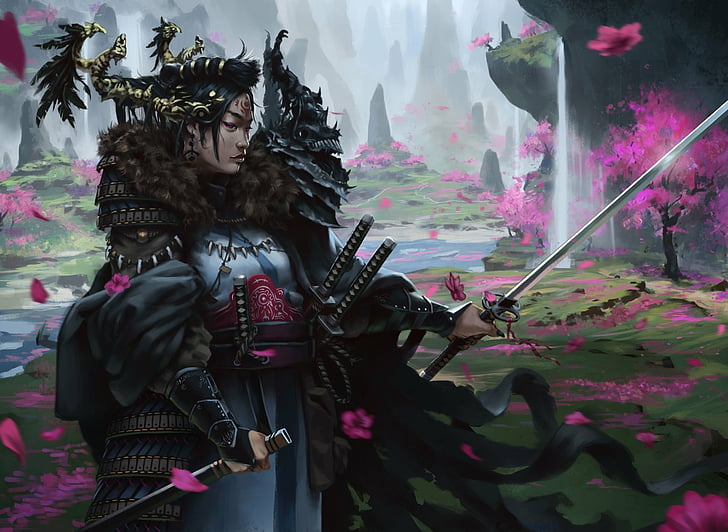 Фентъзи, самурай, черна коса, черешов цвят, катана, пейзаж, розови очи, меч, водопад, жена воин, HD тапет