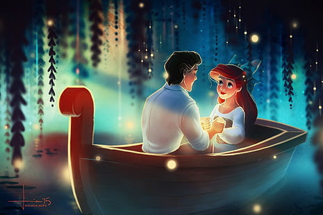 Ариэль и принц иллюстрация, девушка, светлячки, лодка, арт, парень, ариэль, русалочка, эрик, келоглупс, HD обои HD wallpaper