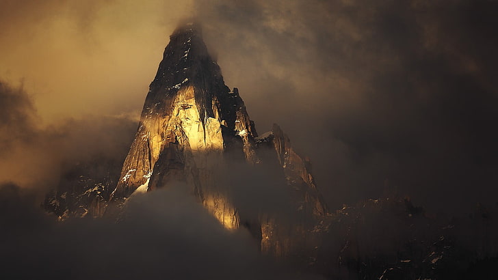 gunung coklat, pegunungan Alpen, Perancis, gunung, awan, puncak bersalju, pagi, lampu, alam, pemandangan, Wallpaper HD