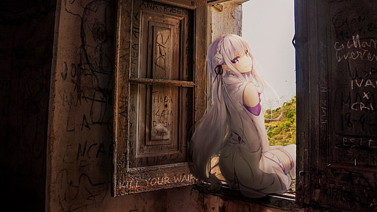 capelli bianchi, Emilia (Re: Zero), anime girls, Re: Zero Kara Hajimeru Isekai Seikatsu, Sfondo HD HD wallpaper