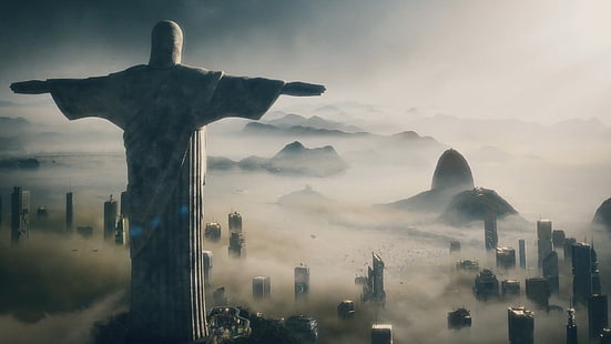 Rio de Janeiro Christ the Redeemer Future Civilization: Beyond Earth Fog Mist Buildings Skyskrapor HD, videospel, jord, byggnader, skyskrapor, dimma, dimma, framtid, de, rio, bortom, kristus, janeiro, civilisation, återlösare, HD tapet HD wallpaper
