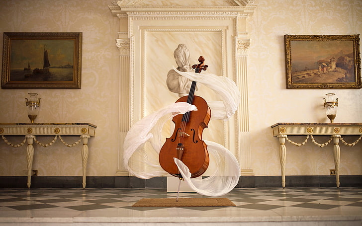 brown violin, music, spirit, cello, bright, scarf, statue, surreal, instrument, HD wallpaper