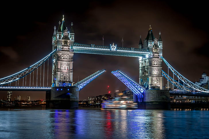 夜のロンドンタワーブリッジ、タワーブリッジ、夜、ロンドンタワーブリッジ、夜間、橋川、イングランド、イギリス、ロンドン-イギリス、テムズ川、有名な場所、タワーブリッジ、イギリス、ブリッジ-人工構造、建築、川、夜、都市のシーン、都市、都市景観、 HDデスクトップの壁紙