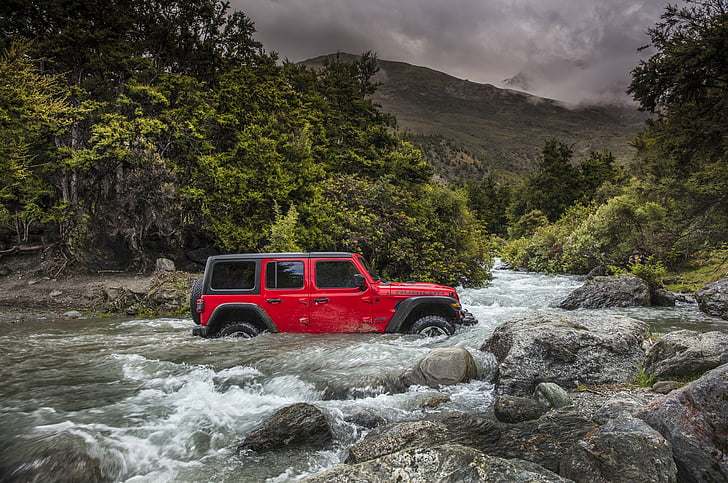 Jeep, Jeep Wrangler, Auto, Rotes Auto, Fluss, Geländewagen, Fahrzeug, HD-Hintergrundbild