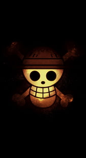 Logotipo da Strawhat Pirates, arte digital, exibição de retrato, fundo simples, minimalismo, caveira, ossos, caveira e ossos, chapéu, fundo preto, One Piece, HD papel de parede HD wallpaper