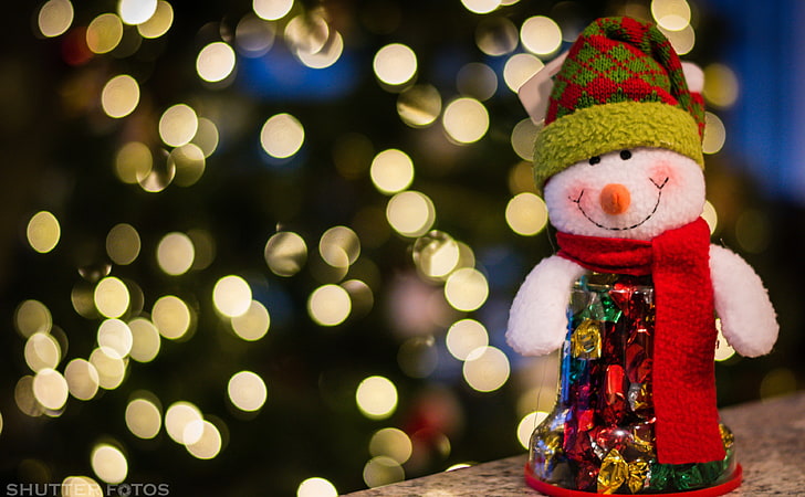 Happy Holidays, snowman plush toy, Holidays, Christmas, Happy, Tree, Photography, Canada, London, Snowman, Cute, ontario, Photo, bokeh, nikon, shutter, 50mm, counter, fotos, HD wallpaper