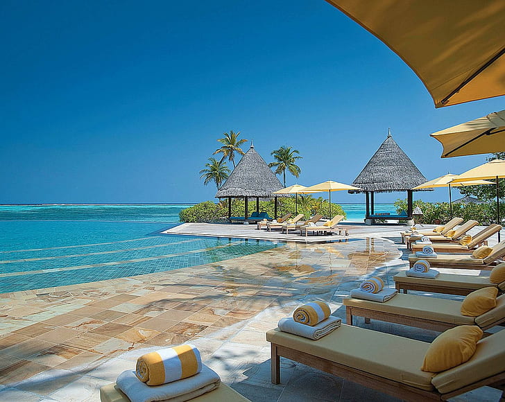 Four Seasons Resort Di Maladewa, samudra, biru, empat musim, kolam renang, berjemur, pulau, atol, hotel, tropis, resor, laguna, Wallpaper HD