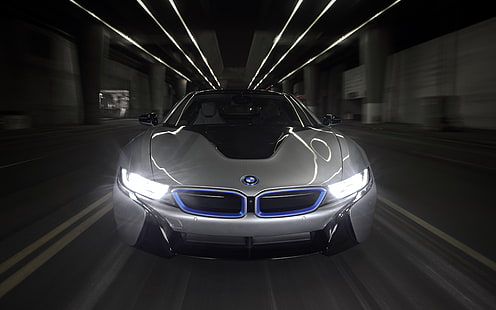 gris BMW i8 coche, BMW i8, vehículo, coche, desenfoque de movimiento, luces, carretera, coche eléctrico, Fondo de pantalla HD HD wallpaper