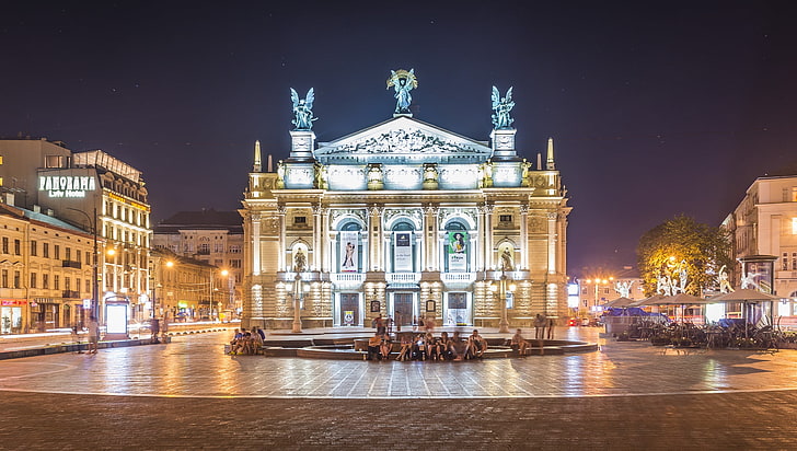Der Abend, Lichter, Brunnen, Ukraine, Straße, Lions, Lviv Theater für Oper und Ballett, HD-Hintergrundbild
