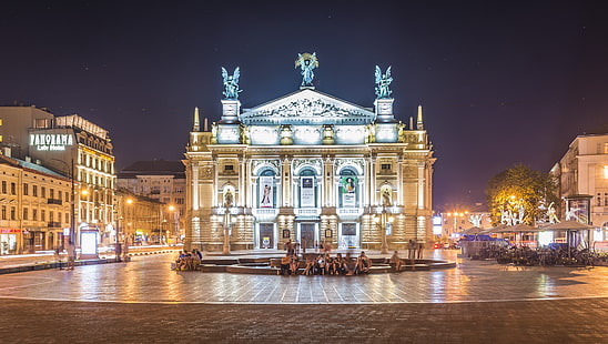 the evening, lights, fountain, Ukraine, street, Lions, Lviv theatre of Opera and ballet, HD wallpaper HD wallpaper