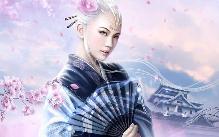 papel de parede digital de mulher de cabelos brancos, garota, ventilador, cereja oriental, quimono, HD papel de parede