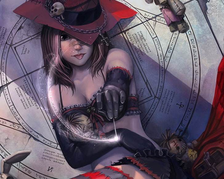 ilustracja postaci kobiecego anime, dziewczyna, fantasy, magia, okrągły, lalka, czarownica, czary, pentagram, voodoo, Tapety HD