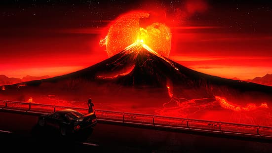 sztuka cyfrowa, grafika, ilustracja, krajobraz, 4K, fantasy art, samochód, pojazd, noc, gwiazdy, przestrzeń, lawa, erupcja wulkanu, wulkan, droga, ogień, erupcja, erupcje, planeta, słońce, dym, czerwony, ludzie, transport, Tapety HD HD wallpaper