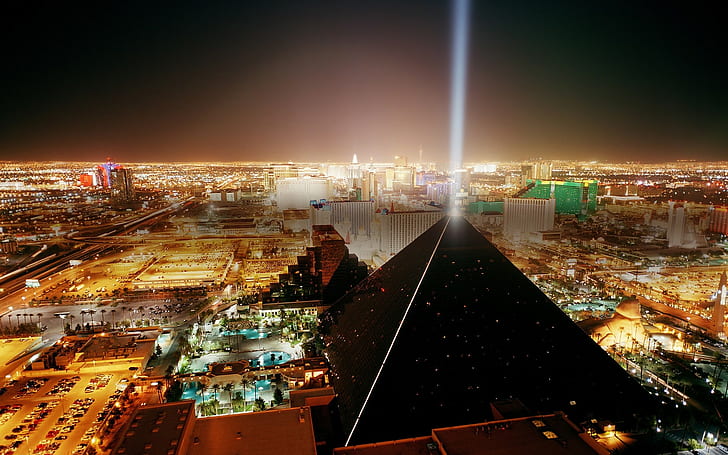 Cityscape, kota, bangunan, HDR, lampu, Las Vegas, AS, piramida, lampu sorot, hotel, kota, perkotaan, Wallpaper HD
