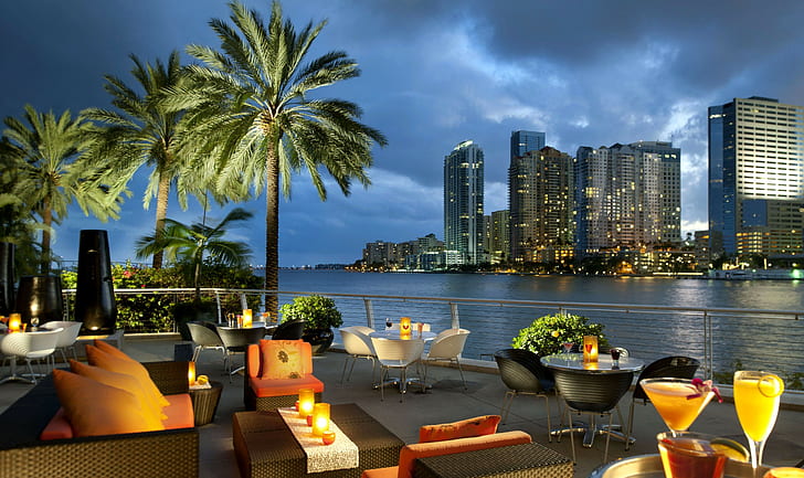 Miami, Floryda, USA, miasto, ocean, zatoka, kawa, palmy, stoliki, Tapety HD
