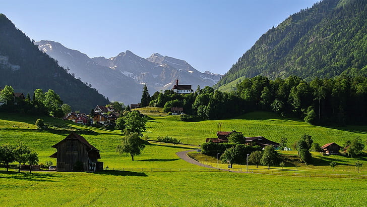 Suíça, montanhas, Alpes, vale, grama, estrada, casa, árvores, Suíça, Montanhas, Alpes, vale, grama, estrada, casa, Árvores, HD papel de parede