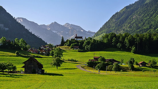 Швейцария, горы, Альпы, долина, трава, дорога, дом, деревья, Швейцария, горы, Альпы, долина, трава, дорога, дом, деревья, HD обои HD wallpaper