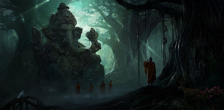 пять человек, стоящих перед статуей Ганешы в лесу цифровые обои, аннотация, ганеша, деревья, монахи, темнота, туман, солнечный свет, олени, цветы, обезьяна, птицы, солнечные лучи, растения, HD обои