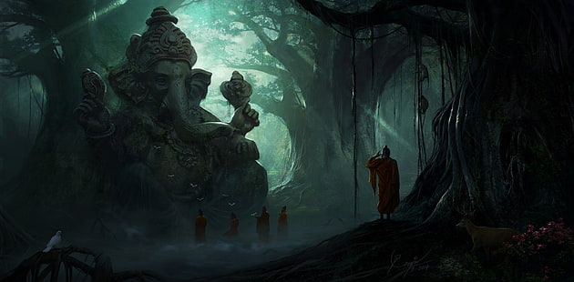 пять человек, стоящих перед статуей Ганешы в лесу цифровые обои, аннотация, ганеша, деревья, монахи, темнота, туман, солнечный свет, олени, цветы, обезьяна, птицы, солнечные лучи, растения, HD обои HD wallpaper