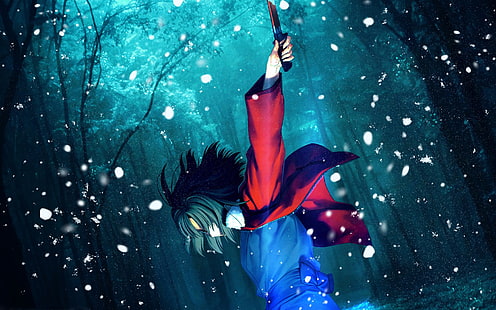 chłopiec trzymający nóż w pobliżu drzew animowana tapeta, anime, anime girls, Ryougi Shiki, Tapety HD HD wallpaper