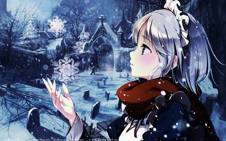 meninas anime, cachecol, Izayoi Sakuya, empregada doméstica, Touhou, cemitério, flocos de neve, HD papel de parede