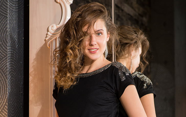 Sybil A, modelo, mulheres, espelho, cabelos ondulados, morena, HD papel de parede