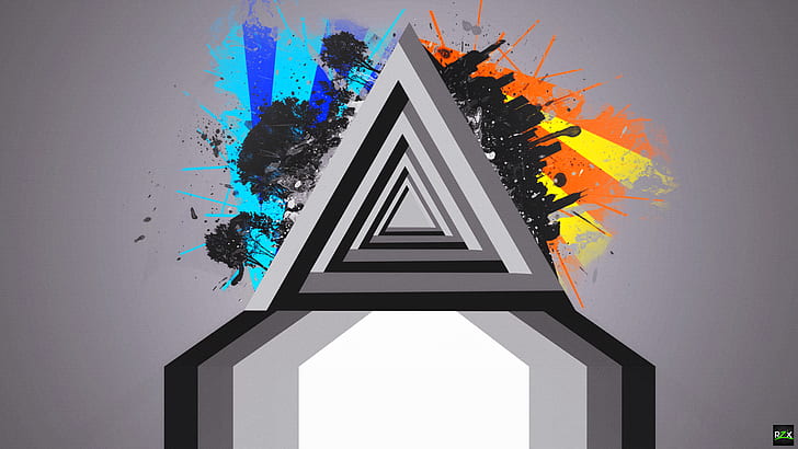 Dreieck, Penrose Dreieck, Stadt, Landschaft, Skyline, abstrakt, blau, orange, gelb, HD-Hintergrundbild