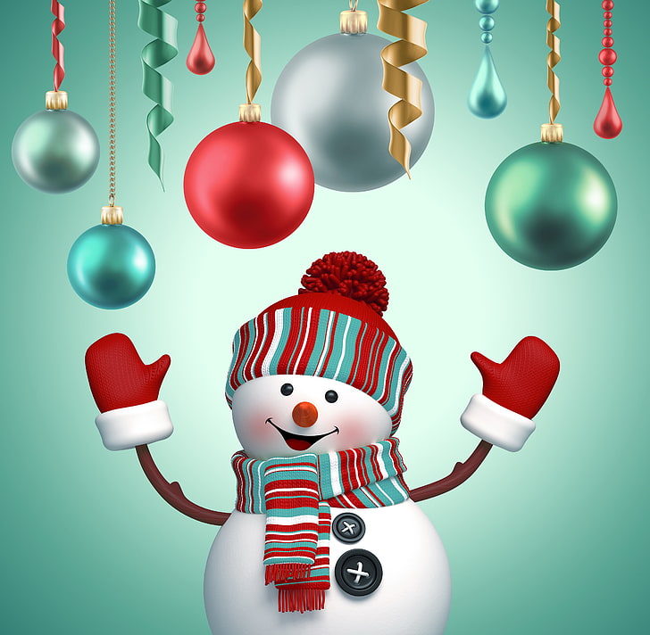 Snowman illustration, balls, New Year, Christmas, snowman, cute, decoration, Merry, HD wallpaper