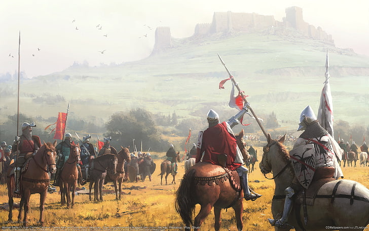 средневековая живопись, замок, лошади, лошадь, холм, битва, битва, средневековье, рыцари, обои CG, средневековье, осада, битва Монтиель, Хосе Даниэль Кабрера, HD обои