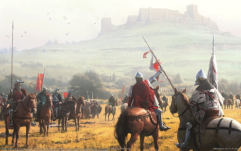 中世の絵画、城、馬、馬、丘、戦い、戦い、中世、騎士、CGの壁紙、中世、包囲、モンティエルの戦い、ホセ・ダニエル・カブレラ、 HDデスクトップの壁紙 HD wallpaper