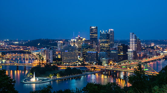 lighted city at night time, pittsburgh, pittsburgh, Pittsburgh, Twilight, at night, night time, sony, a77, blue city, cityscape, pennsylvania, night, architecture, urban Skyline, river, urban Scene, bridge - Man Made Structure, dusk, downtown District, famous Place, traffic, city, illuminated, HD wallpaper HD wallpaper