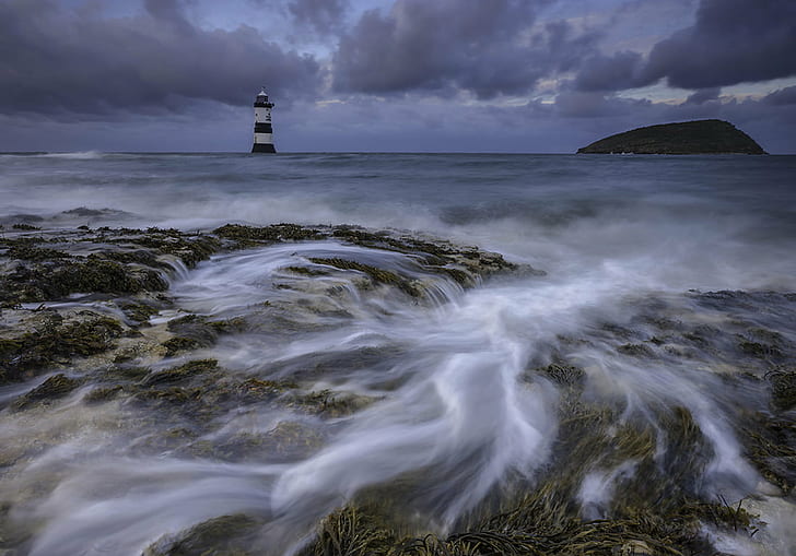 time lapse photo of body of water near rock formation during daytime, Storm, Swell, Black Point, Anglesey, time lapse, photo, body of water, rock formation, daytime, Penmon, lighthouse, Wales, sea, seascape, rocks, tide, puffin island, landscape, sunset, twilight, blue hour, clouds, cloudscape, cloudy, night, wave, nature, coastline, beacon, water, rock - Object, danger, atlantic Ocean, water's Edge, HD wallpaper