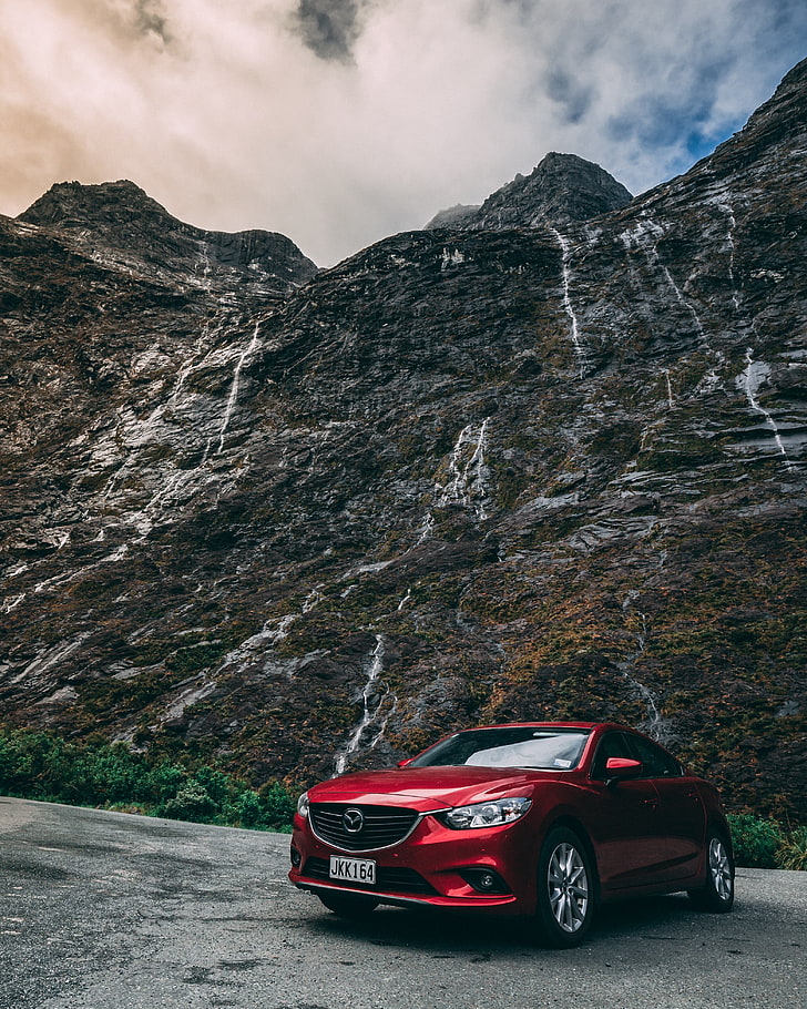 red Mazda sedan, auto, red, mountains, stones, HD wallpaper