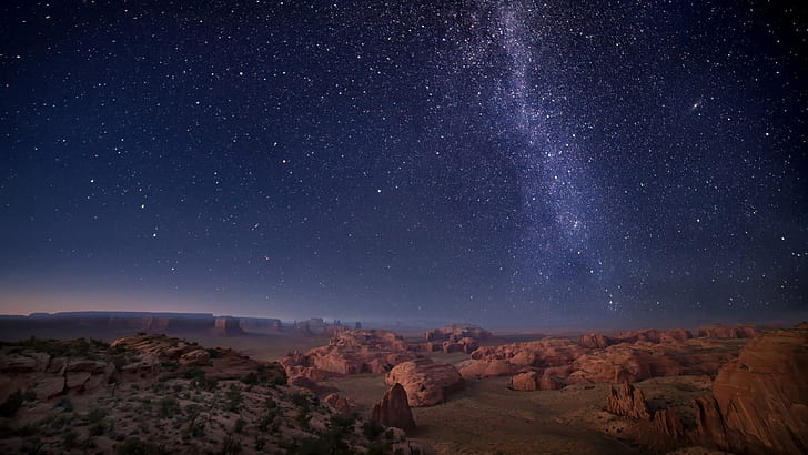 Natur, Landschaft, Pflanzen, Felsen, Berge, Schlucht, Sterne, Nacht, Horizont, Galaxie, Monument Valley, Arizona, USA, HD-Hintergrundbild