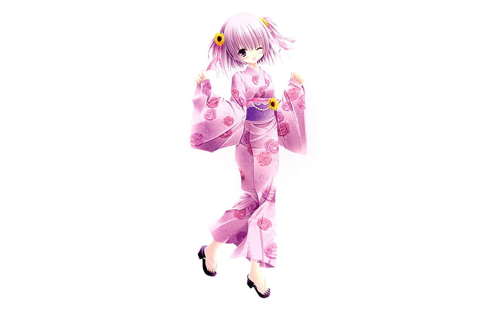 женщина в розовом кимоно, иллюстрация, девушка, кимоно, платье, розовое, HD обои