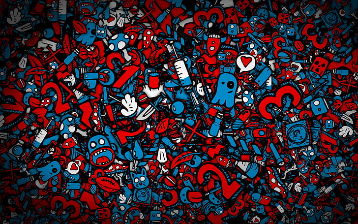red and blue abstract illustration, artwork, cats, mess, mushrooms, numbers, syringe, HD wallpaper