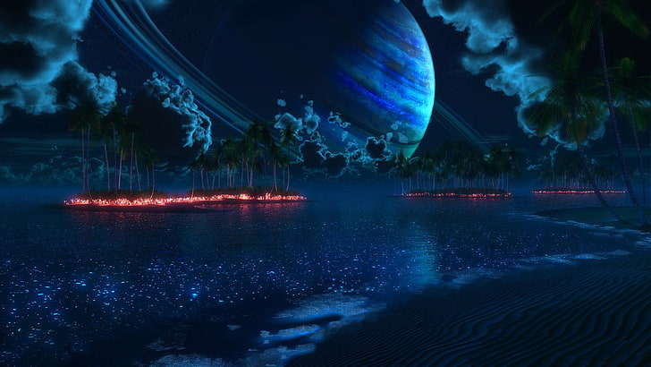 วอลล์เปเปอร์เนื้อน้ำดาวเคราะห์ภูมิทัศน์เกาะเขตร้อนดาวเสาร์ชายหาดวงแหวนดาวเคราะห์ต้นปาล์มไฟ, วอลล์เปเปอร์ HD