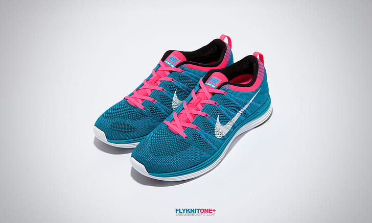 pair, sneakers, pink, Nike, blu, Lunar, Flyknit One+, HD wallpaper