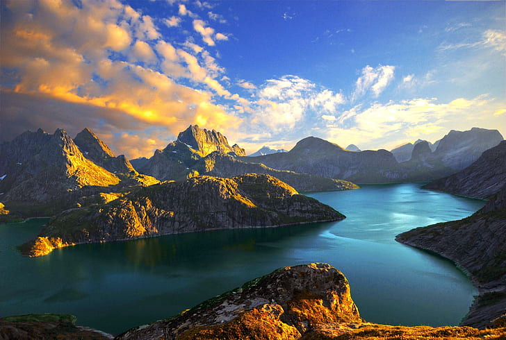mer, nuages, coucher de soleil, lac, Montagnes, Norvège, stein liland, fjords, Fond d'écran HD
