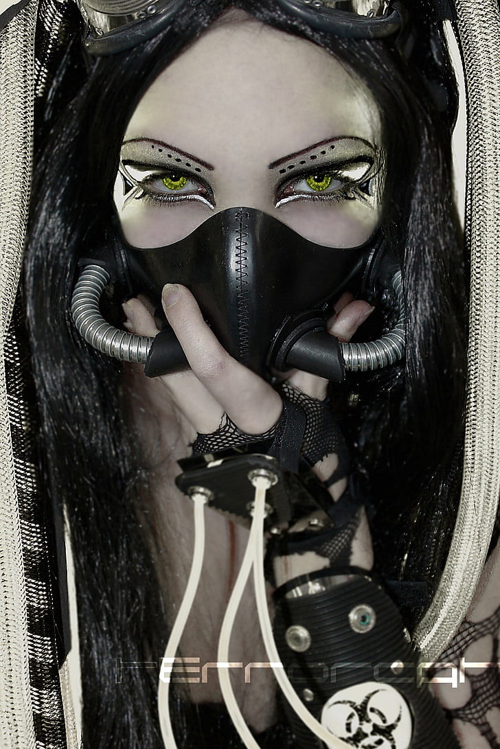 kobieta w masce ilustracja, cyberpunk, maski gazowe, zielone oczy, kot terror, Tapety HD, tapety na telefon