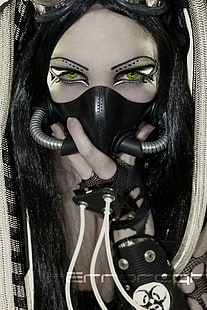 mulher vestindo máscara ilustração cyberpunk, máscaras de gás, olhos verdes, terrorcat, HD papel de parede HD wallpaper