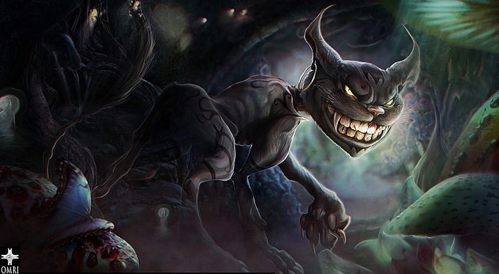 schwarze monstertapete, kunst, alice madness kehrt zurück, cheshire cat, monster, zähne, zähne, ohrring, schmetterling, pilze, HD-Hintergrundbild