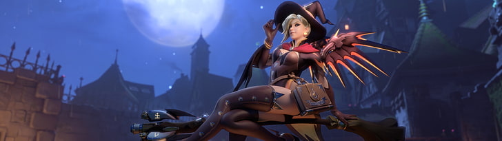 female anime character, Mercy (Overwatch), Overwatch, Halloween, witch, Witch Mercy, HD wallpaper
