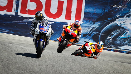 zwei rot-weiße Sportmotorräder, Moto GP, Jorge Lorenzo, TVS Apache, Casey Stoner und Dani Pedrosa, HD-Hintergrundbild HD wallpaper