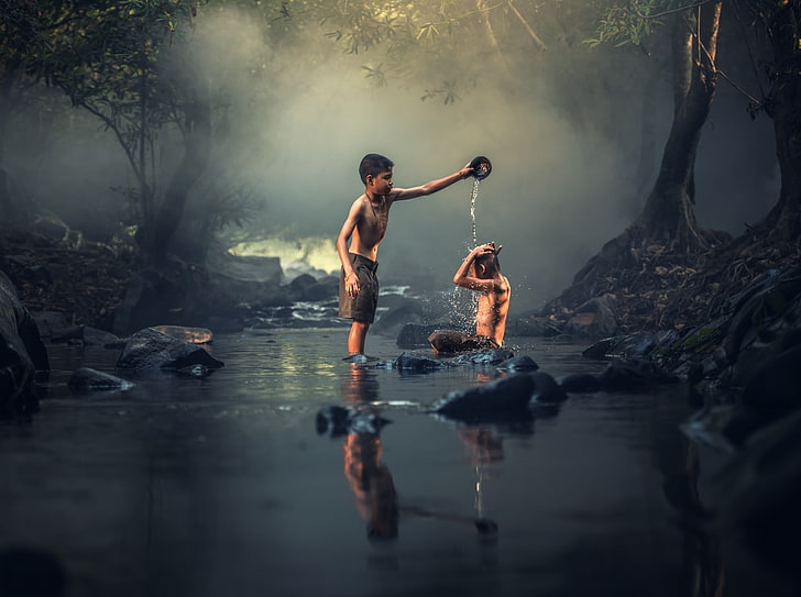 Bathing in a Creek, Asia, Thailand, Travel, Nature, People, Summer, Trees, River, Mist, Water, Tropical, Young, Children, Stream, Playing, Photography, Outdoor, Creek, Rainforest, Reflection, Country, Cute, Bath, Childhood, Friendship, Friends, Vacation, Countryside, kids, Boys, Steam, Washing, visit, tourism, pour, HD wallpaper