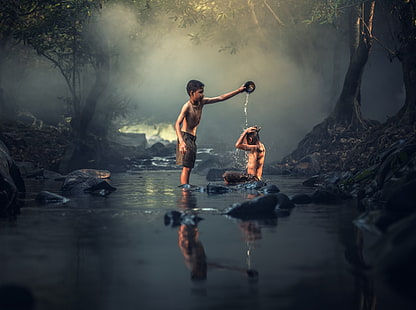 Bathing in a Creek, Asia, Thailand, Travel, Nature, People, Summer, Trees, River, Mist, Water, Tropical, Young, Children, Stream, Playing, Photography, Outdoor, Creek, Rainforest, Reflection, Country, Cute, Bath, Childhood, Friendship, Friends, Vacation, Countryside, kids, Boys, Steam, Washing, visit, tourism, pour, HD wallpaper HD wallpaper